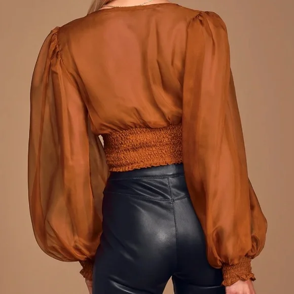 Lulus Brown Button-Front Smocked Crop Top - Picture 3 of 9